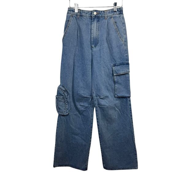 Blue Blush Jeans Women S Blue Cargo Wide Leg Stretch Waist Pocket Baggy Denim 90 - Picture 1 of 10